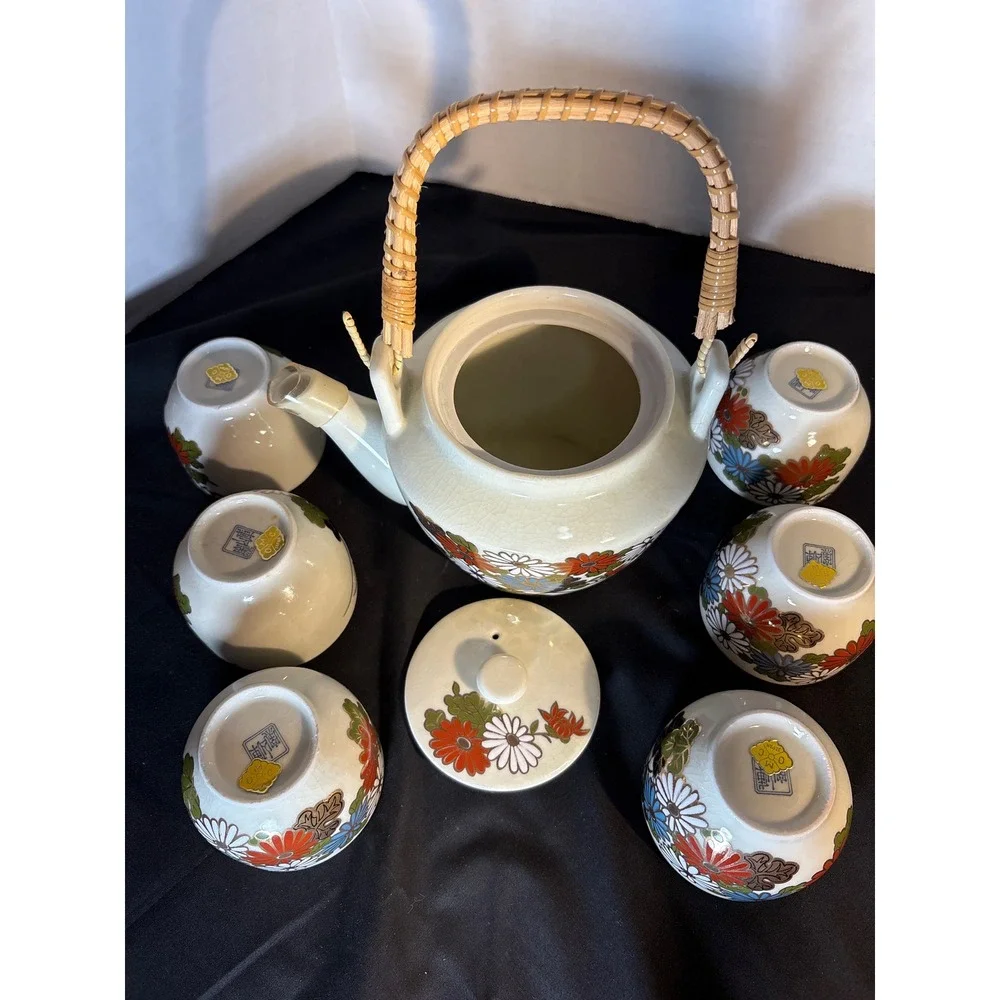 Vintage Asian Tea Set Teapot With Bamboo Handle‎ & 6 Cups Floral Design